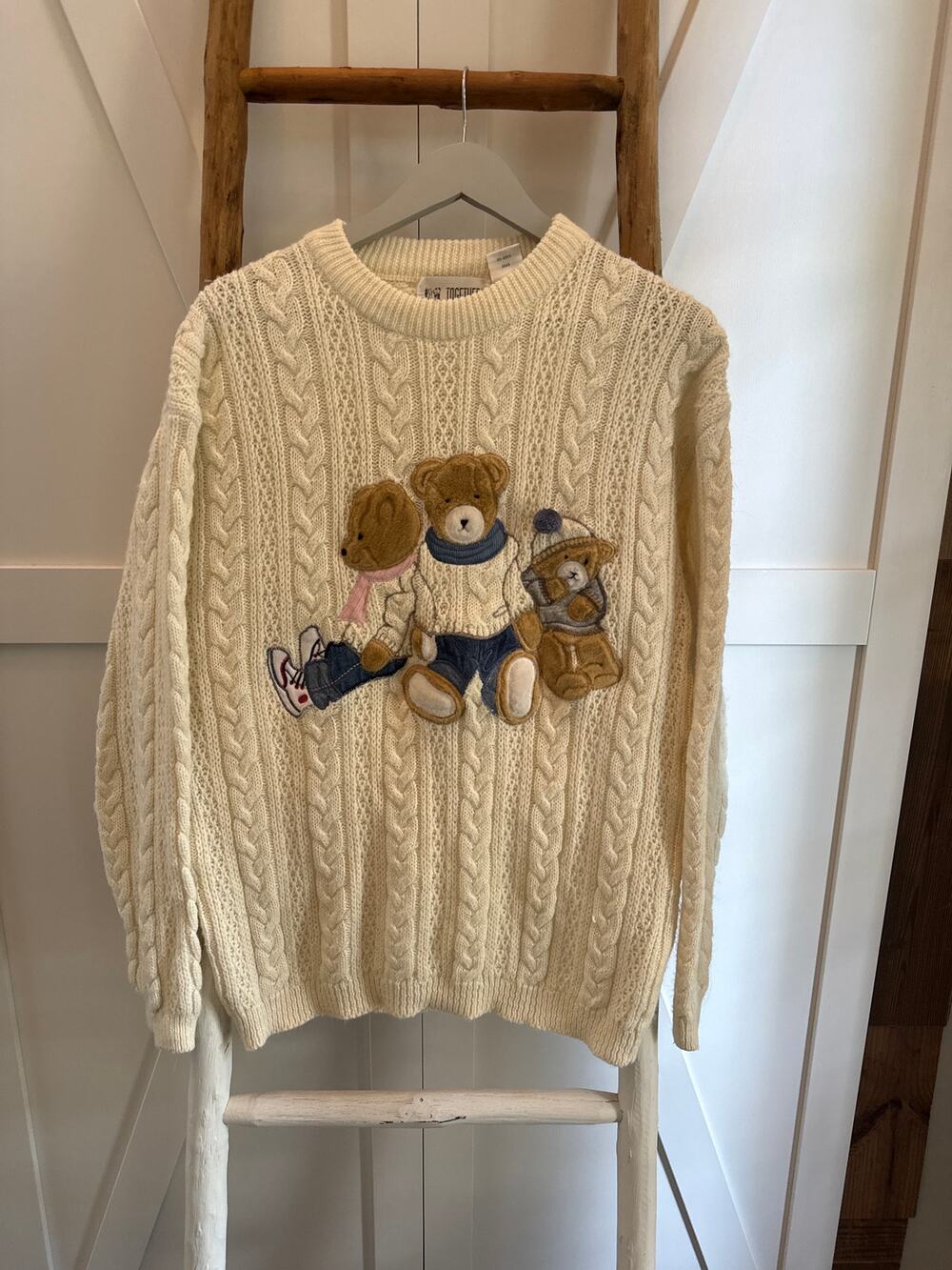 Vintage Together Embroidered Bears Wool Blend Medium Cream Cableknit Fisherman